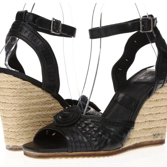 FRYE Patricia Concho Black Leather Espadrille Wedge Sandals | Size 7 - Picture 1 of 12
